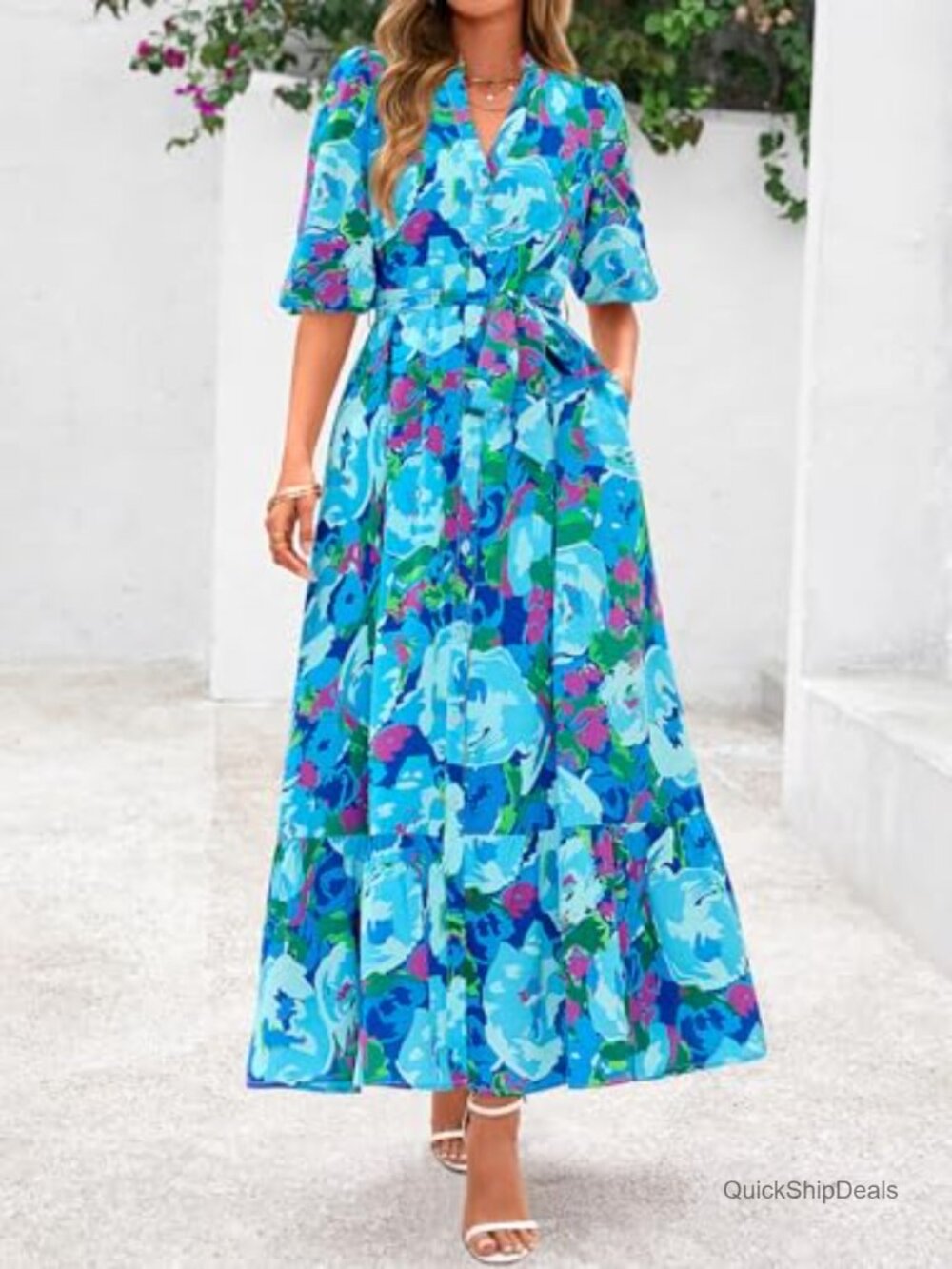Floral Maxi Dress Boho V Neck 3/4 Puff Sleeve Button Down Tie Waist Flowy Long - Picture 2 of 7